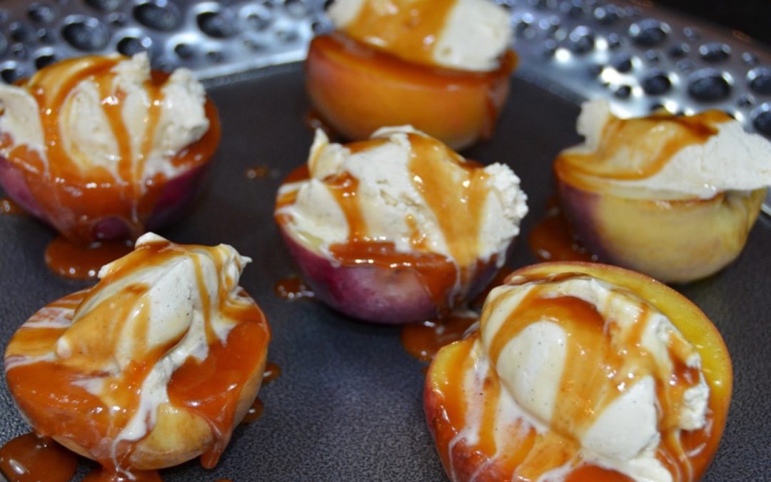 Grilled peaches with vanilla mascarpone and salted bourbon caramel