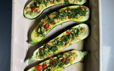 Stuffed baby marrows with pine nut salsa
